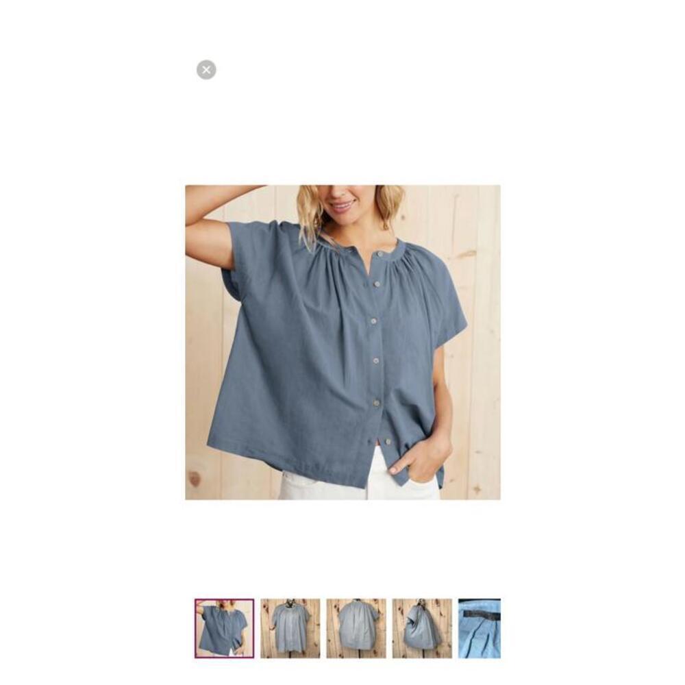 Jenni Kayne Willow Cotton/Linen Vintage Blue Button-Up Short Sleeve Blouse M